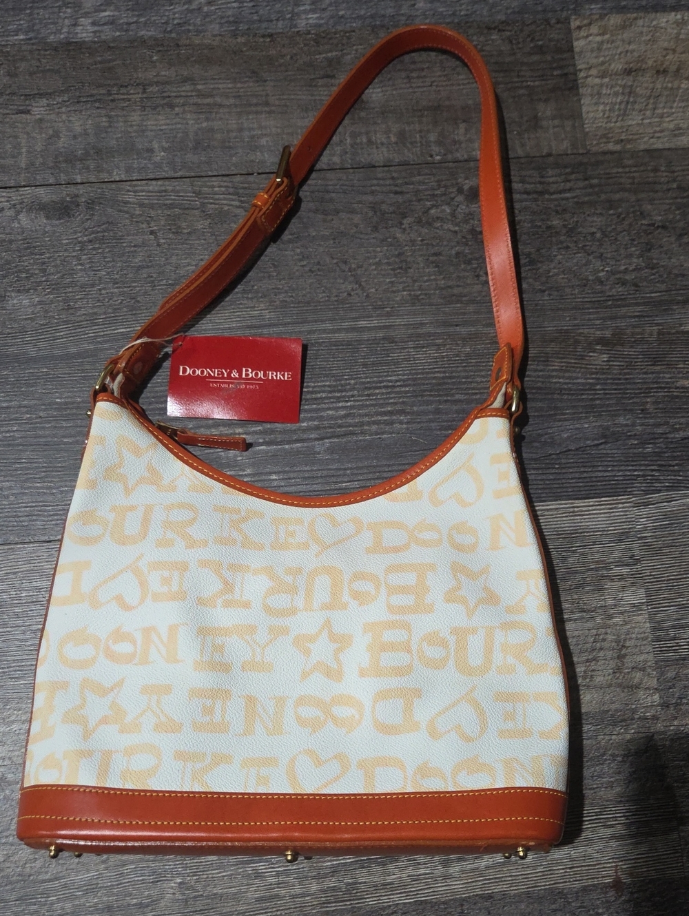 Dooney & Bourke Cream Canvas Shoulder Bag with Tan Leather Trim